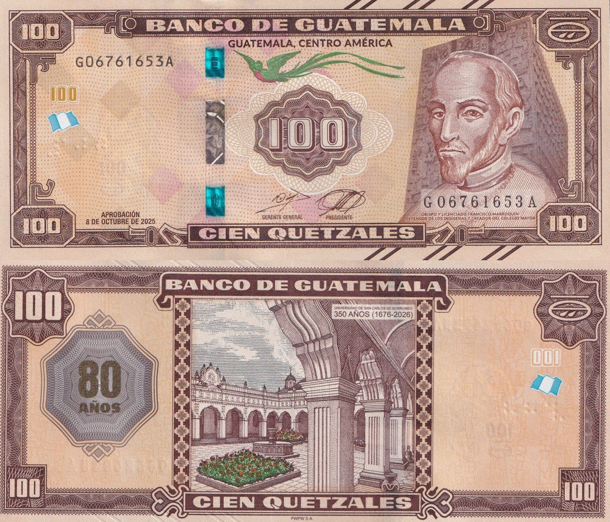 Guatemala 100 Quetzales 2025 2026 P 130 New 80th Ann BDG UNC Commemorative