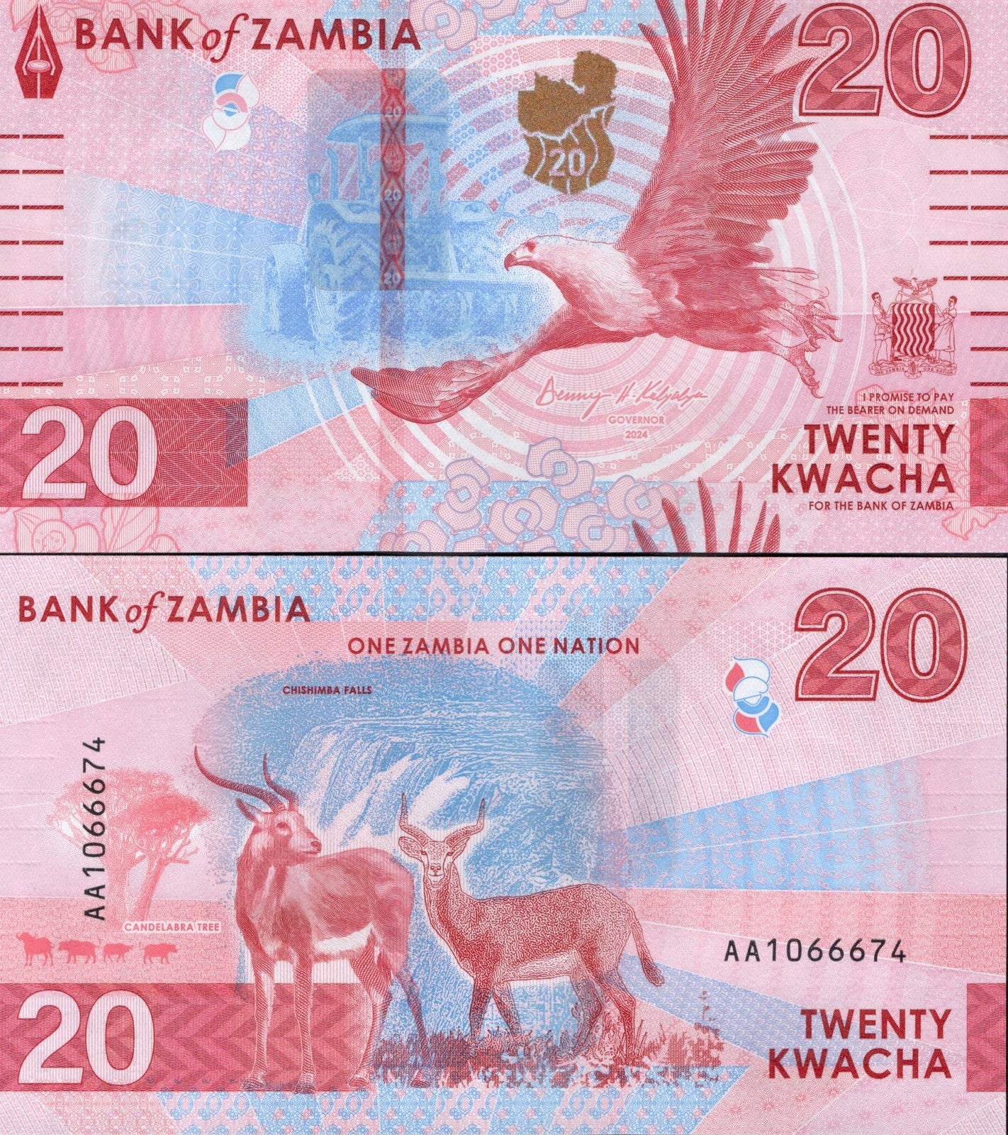 Zambia 20 Kwacha 2024 2025 P New Issue UNC AA Prefix 1/10 Bundle LOT 10 pcs