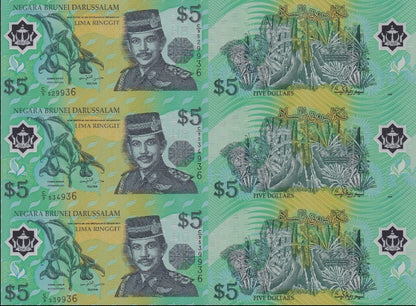 Brunei 5 Ringgit 2002 P 23b Polymer UNC UNCUT 3 IN 1 With Folder