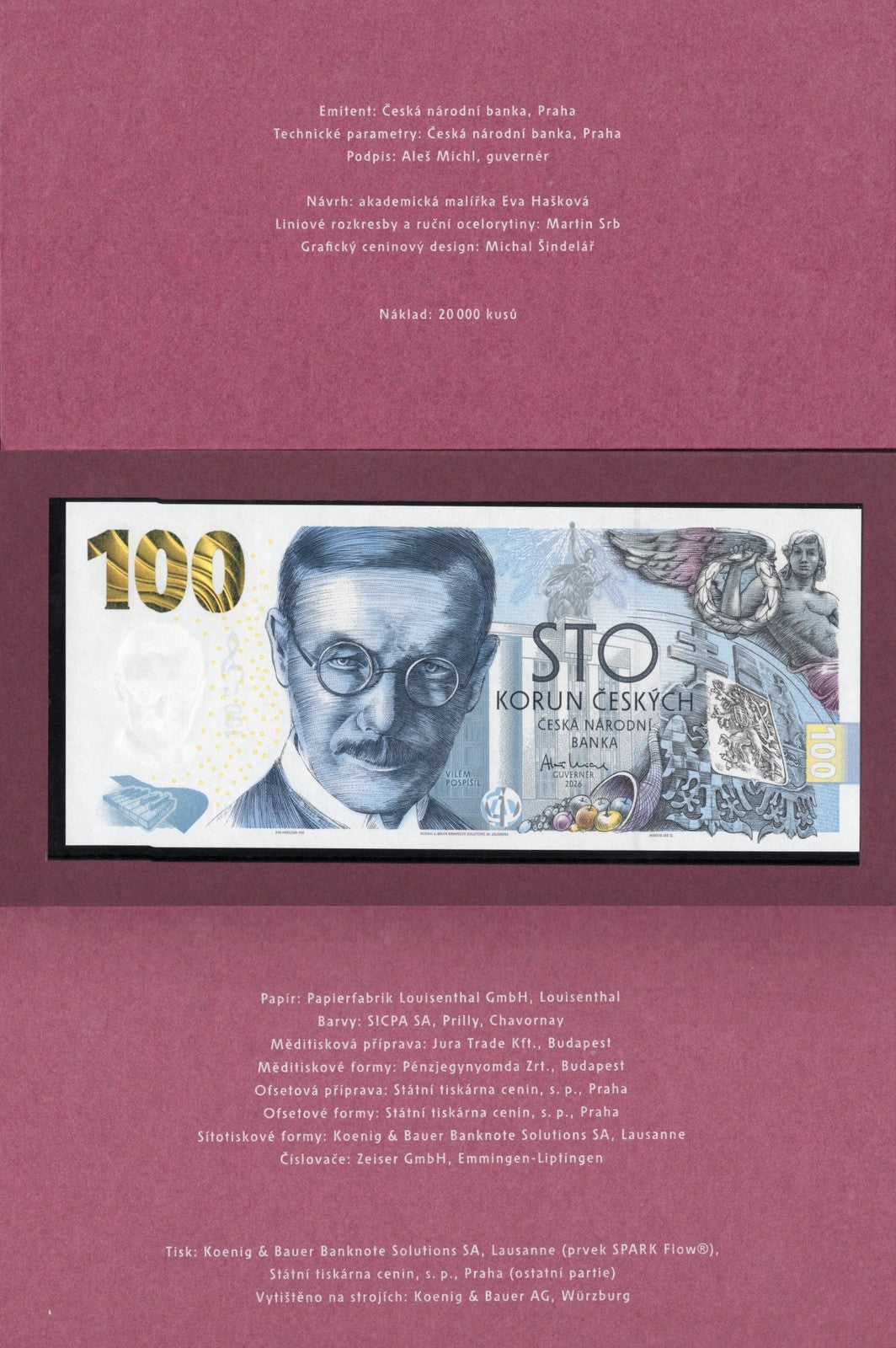 Czech Republic 100 Korun 2026 P New UNC 100th Annv With Folder