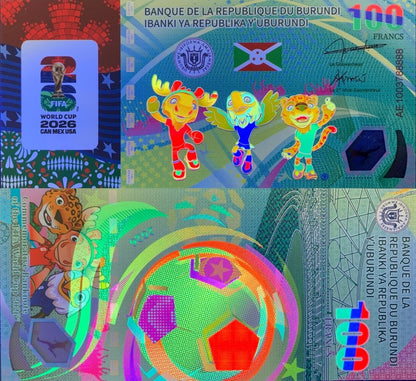 Burundi 2026 1000 Francs FIFA World Cup Mascot Polymer Test Note COMM. Lot 5 pcs