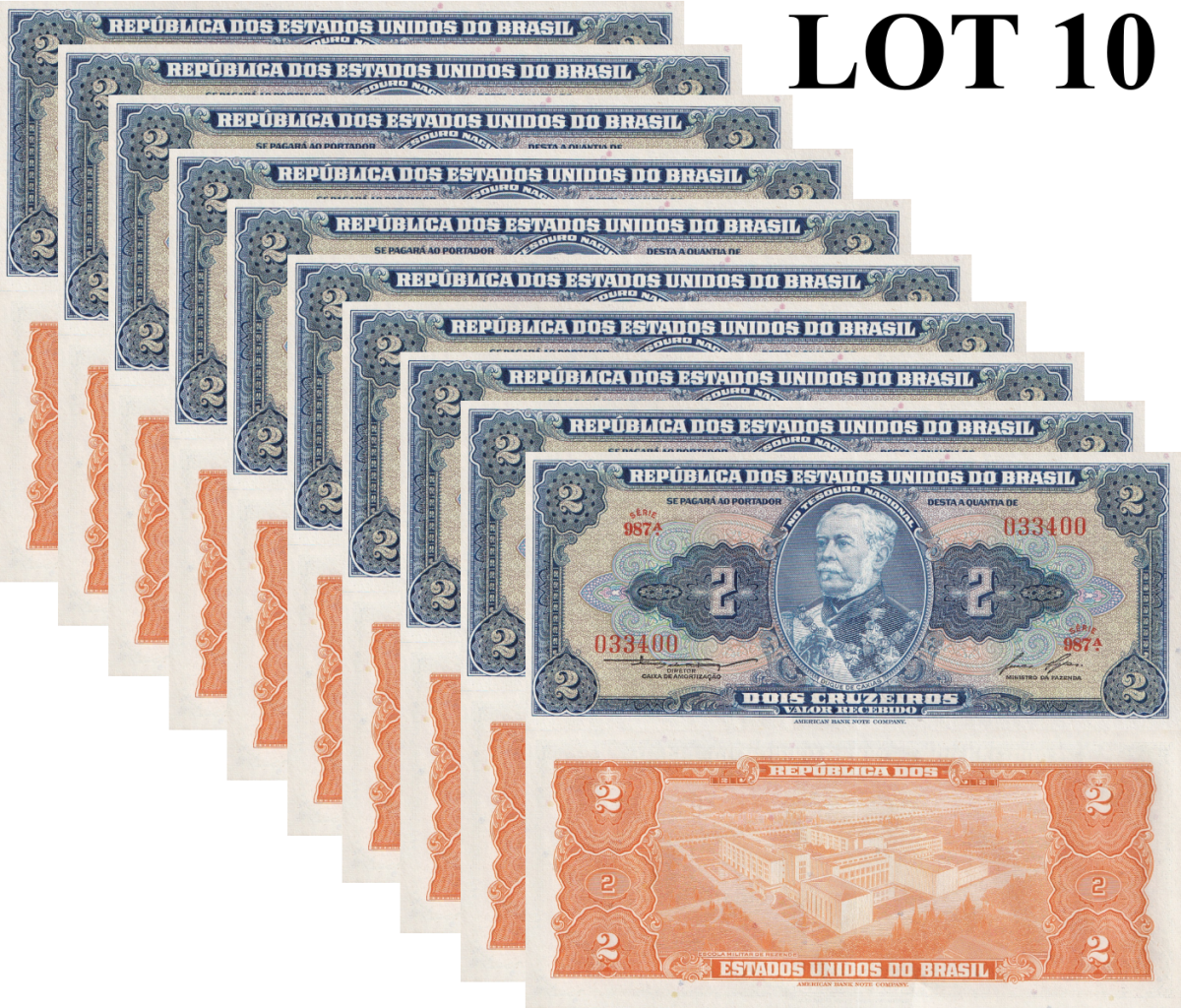 Brazil 2 Crvzeiros  ND 1954-1958 P 151 UNC 1/10 Bundle Lot 10 pcs