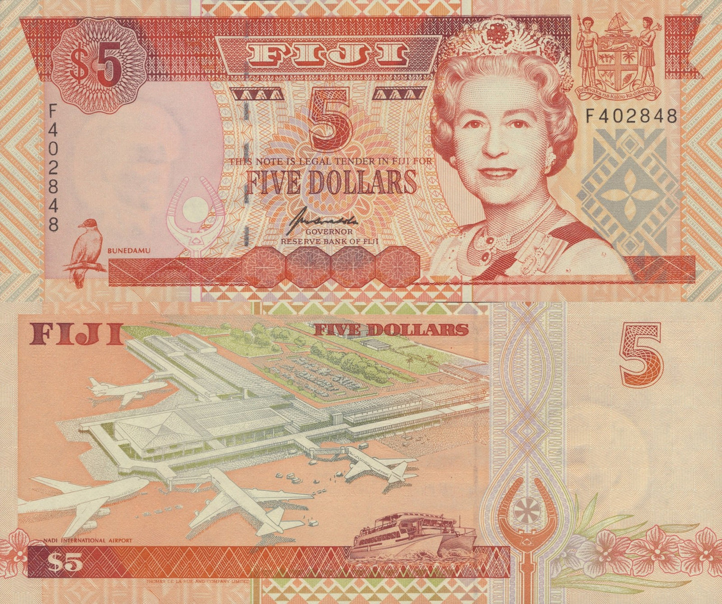 Fiji 5 Dollars ND 1995 P 97 Queen Elizabeth II UNC