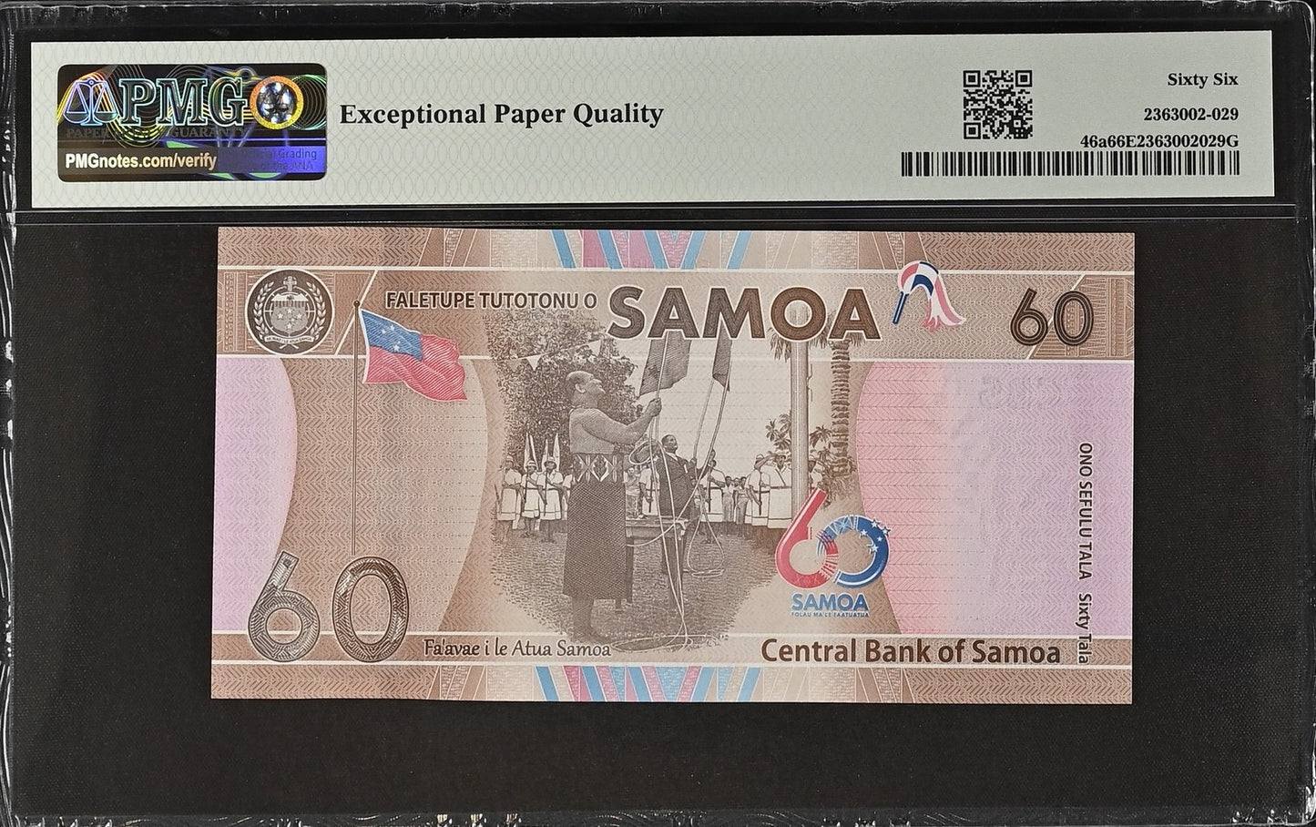 Samoa Commemorative 60 Tala ND (2023) P 46a UNC PMG 66 EPQ LOW S/N 0000036