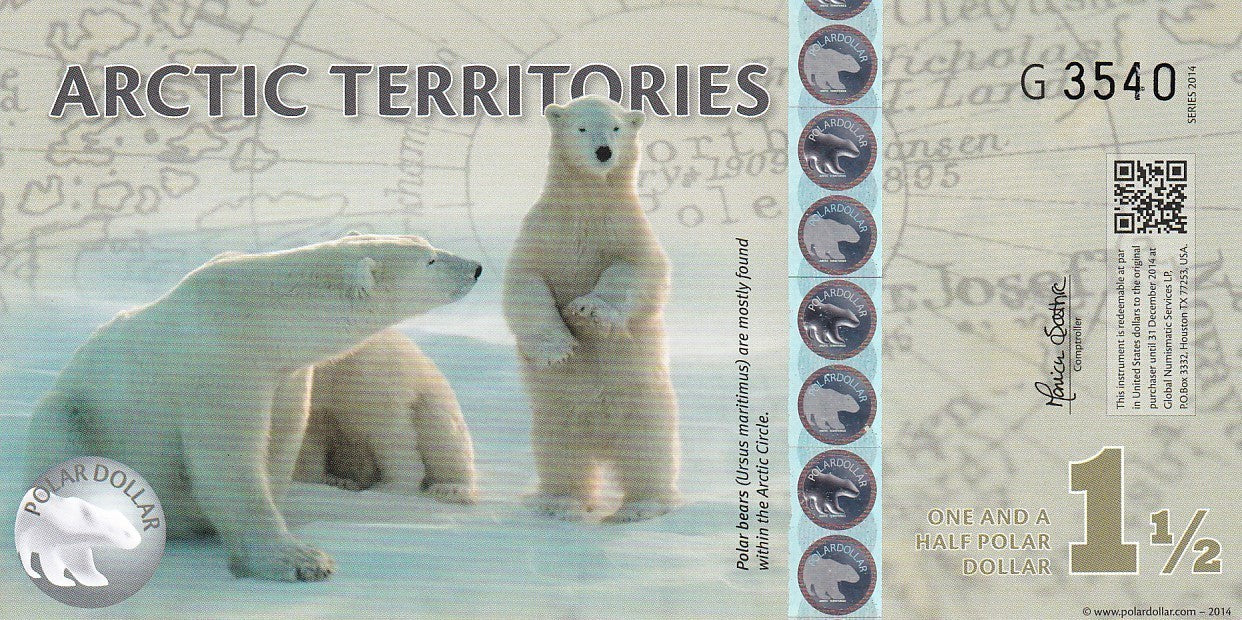 Arctic Territories 1.5 Dollars 2014 Polar Bears UNC Test Note Series A Polymer