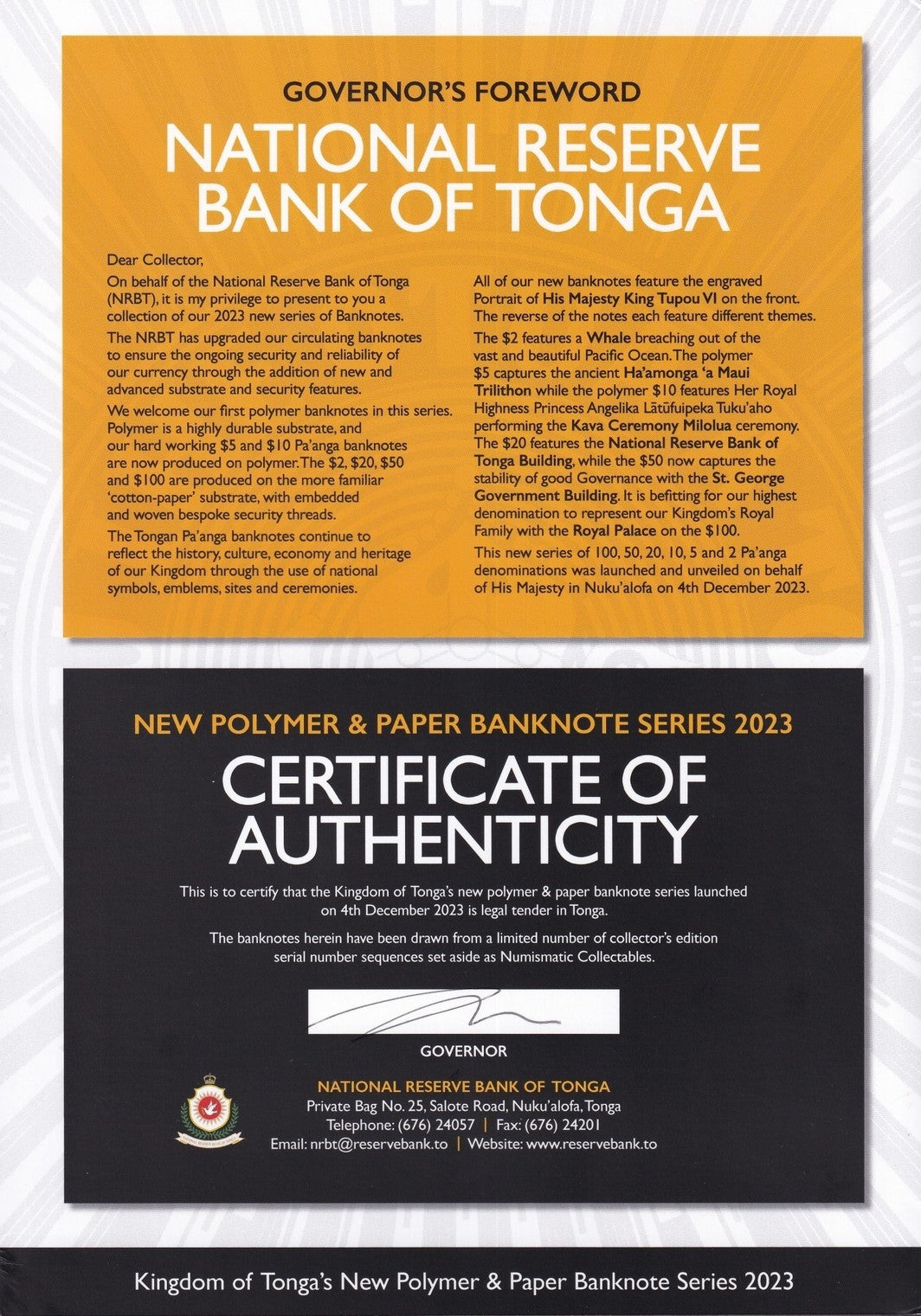 Tonga 2-100 Pa'anga 2023 P 50-55 Paper Polymer UNC Set 6 Match Binary 000110 W/F
