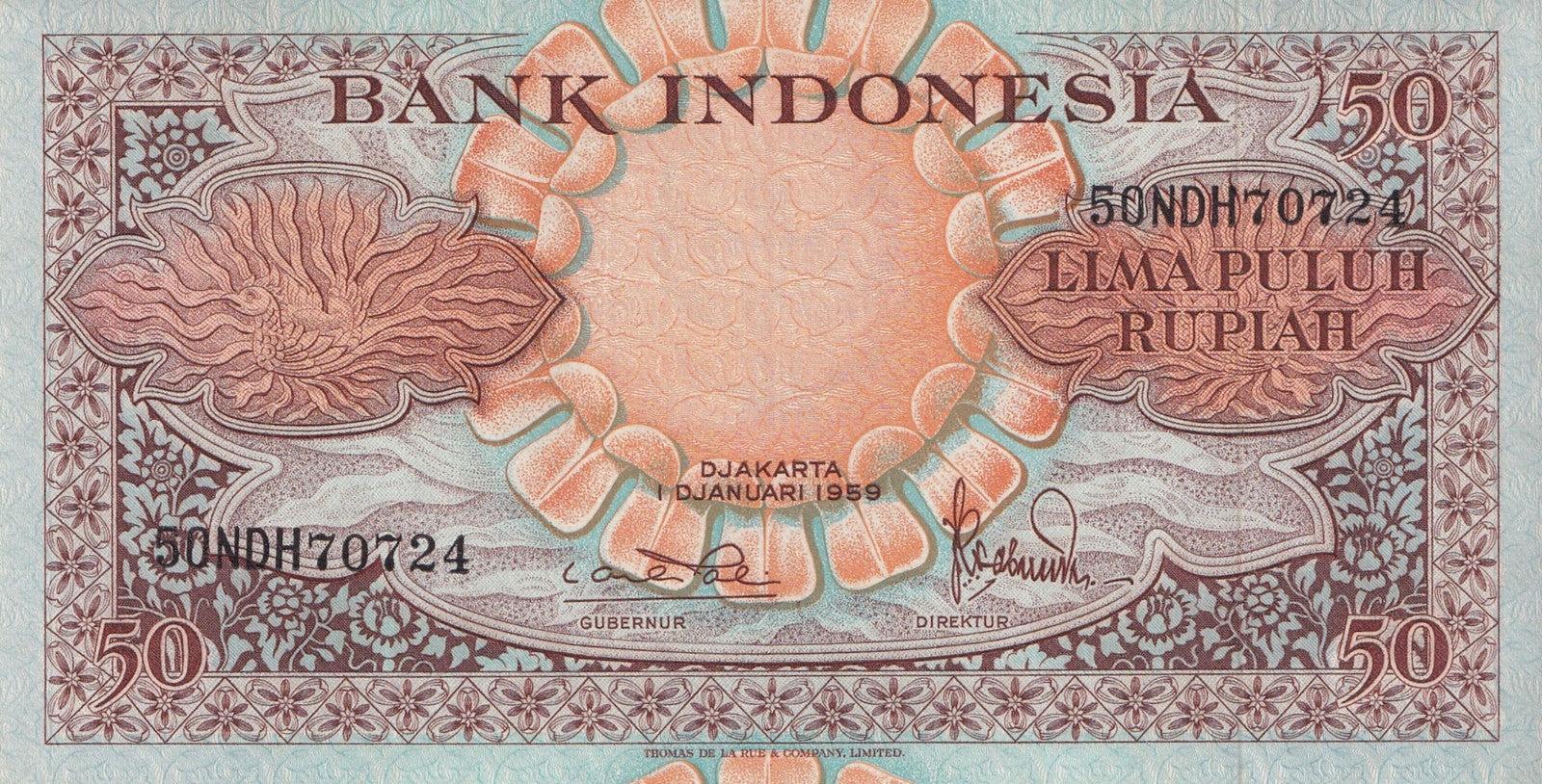 Indonesia 50 Rupiah 1959 P 68a UNC MINOR FOXING