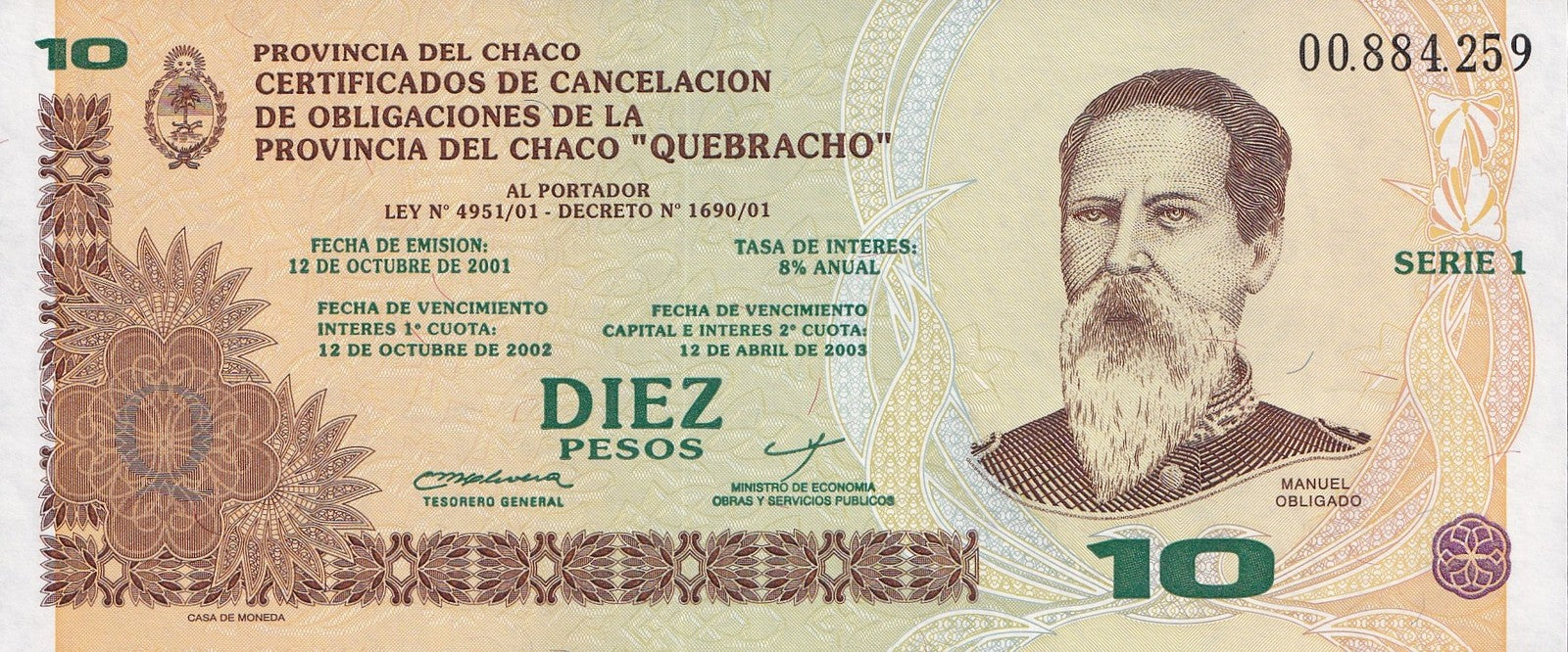 Argentina 10 Pesos 2002 P NL SERIE 1 UNC