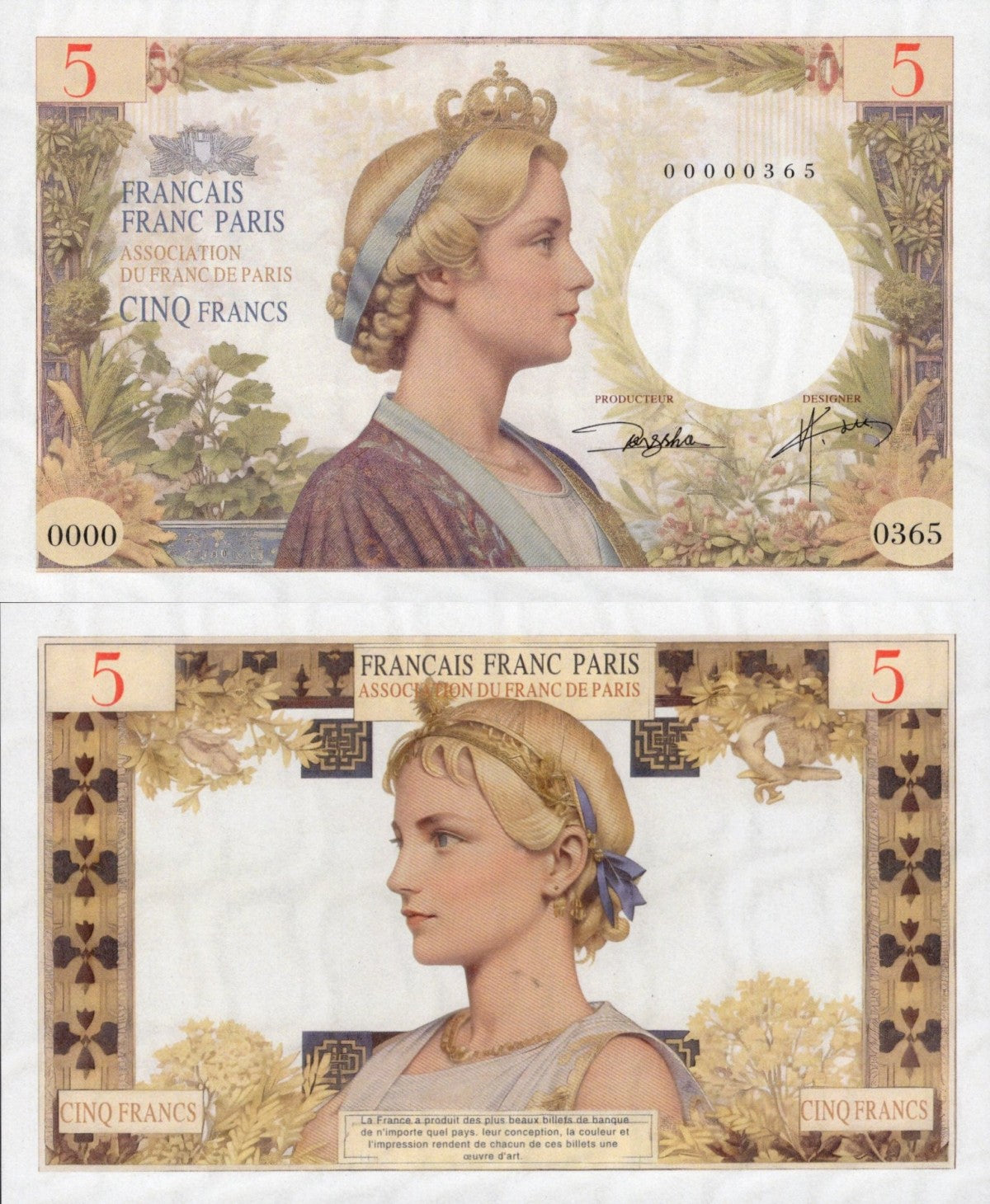 French TEST NOTE 5 Francs Oil Painting Style beauty Commemorative Banknote UNC