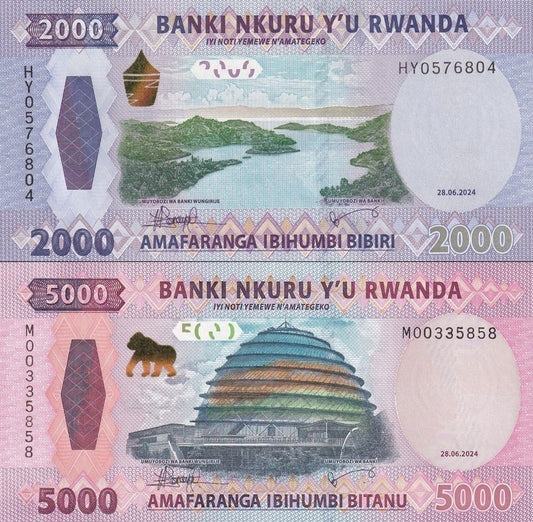 Rwanda 2000 5000 Francs 2024 P 44 45 UNC Set 2 pcs NR No Reserve