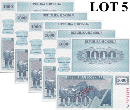Slovenia 1000 Tolarjev 1992 P 9b UNC SPECIMEN 1/20 Bundle Lot 5 pcs