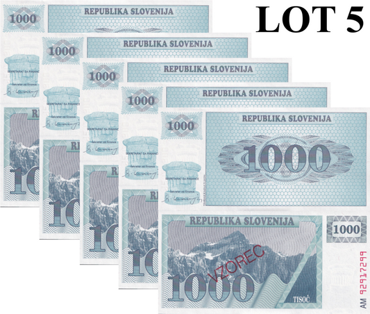 Slovenia 1000 Tolarjev 1992 P 9b UNC SPECIMEN 1/20 Bundle Lot 5 pcs