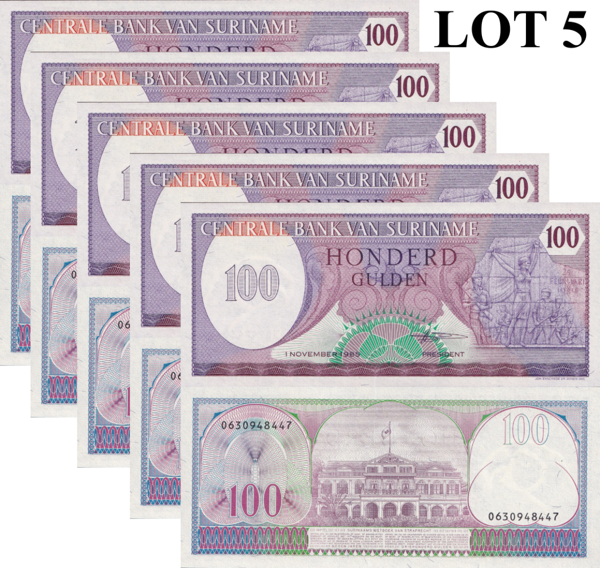 Suriname 100 Gulden 1985 P 128b UNC 1/20 Bundle Lot 5 pcs