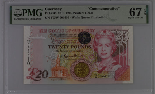 Guernsey Commemorative 20 Pounds 2018 P 63 LOW S/N 00XXXX UNC PMG 67 EPQ