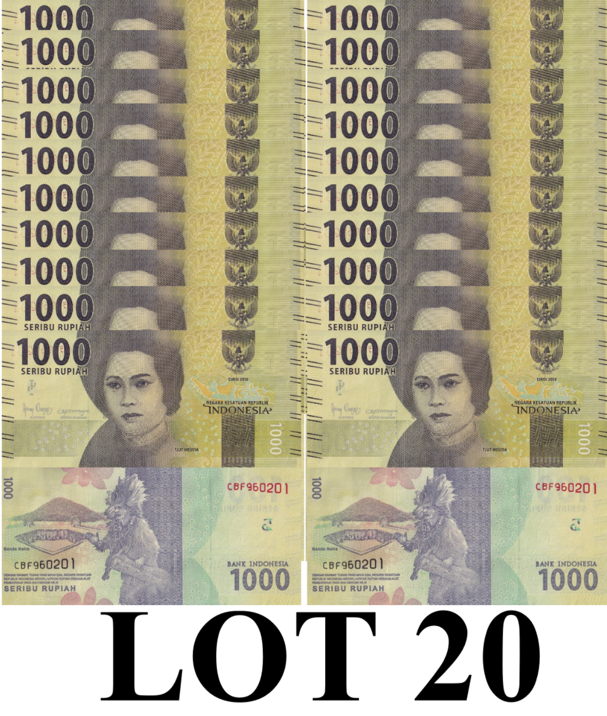 Indonesia 1000 Rupiah 2016/2019 P 154 UNC 1/5 Bundle LOT 20 pcs