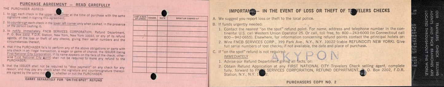 USA 10 Dollars 1969 First National City Corp. Bank Cheque UNC W/Booklet (1 Note)