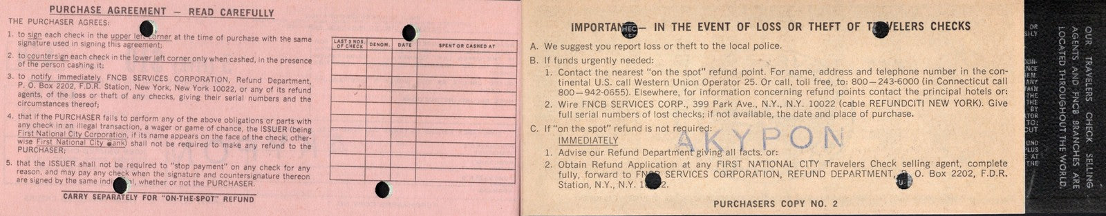 USA 10 Dollars 1969 First National City Corp. Bank Cheque UNC W/Booklet (1 Note)