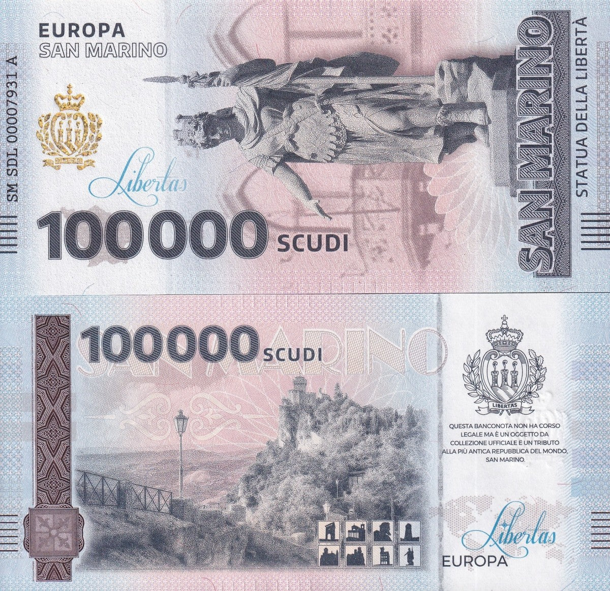 San Marino Republic 100000 Scudi Statua Della Liberta UNC COMM. Test Note