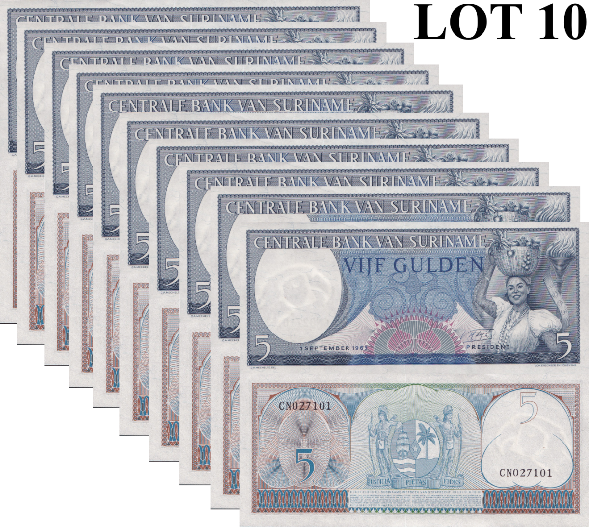 Suriname 5 Gulden 1963 P 120 UNC 1/10 Bundle Lot 10 pcs