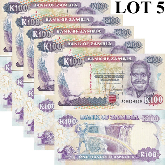 Zambia 100 Kwacha 1991 P 34 UNC 1/20 Bundle Lot 5 pcs