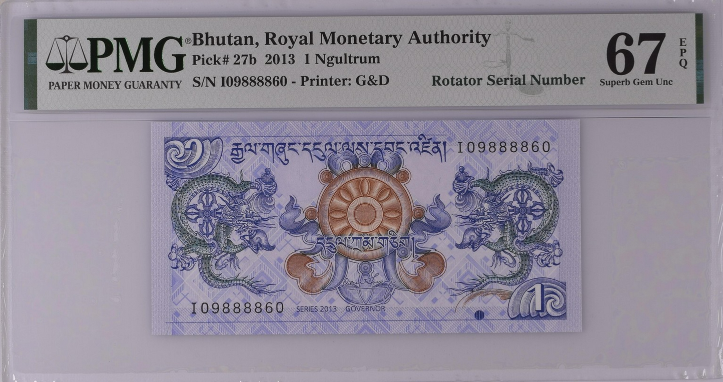 Bhutan 1 Ngultrum 2013 P 27b UNC PMG 67 EPQ Rotator No. 09888860