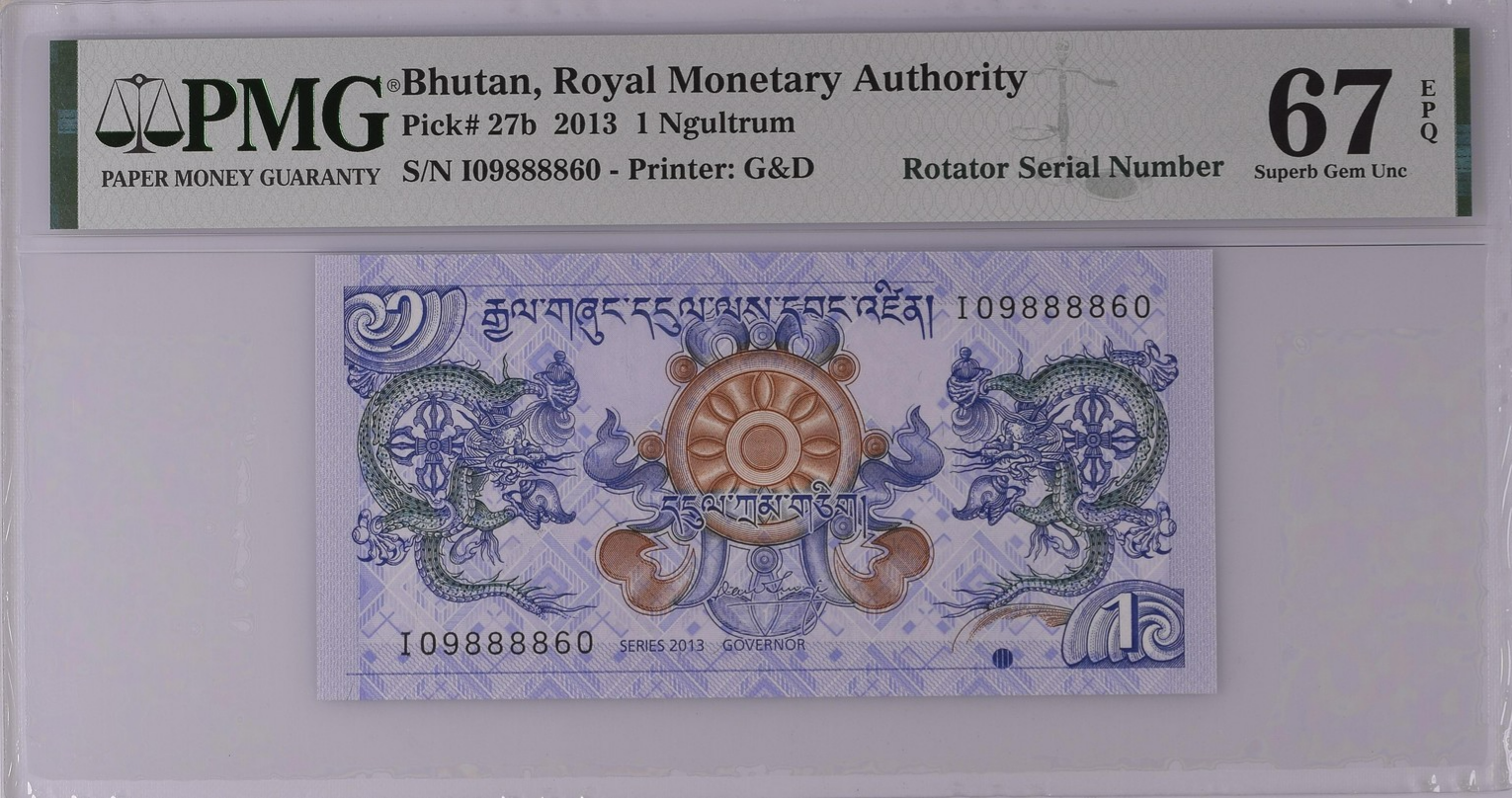Bhutan 1 Ngultrum 2013 P 27b UNC PMG 67 EPQ Rotator No. 09888860