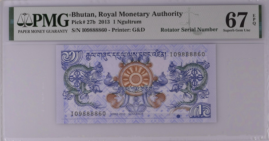 Bhutan 1 Ngultrum 2013 P 27b UNC PMG 67 EPQ Rotator No. 09888860