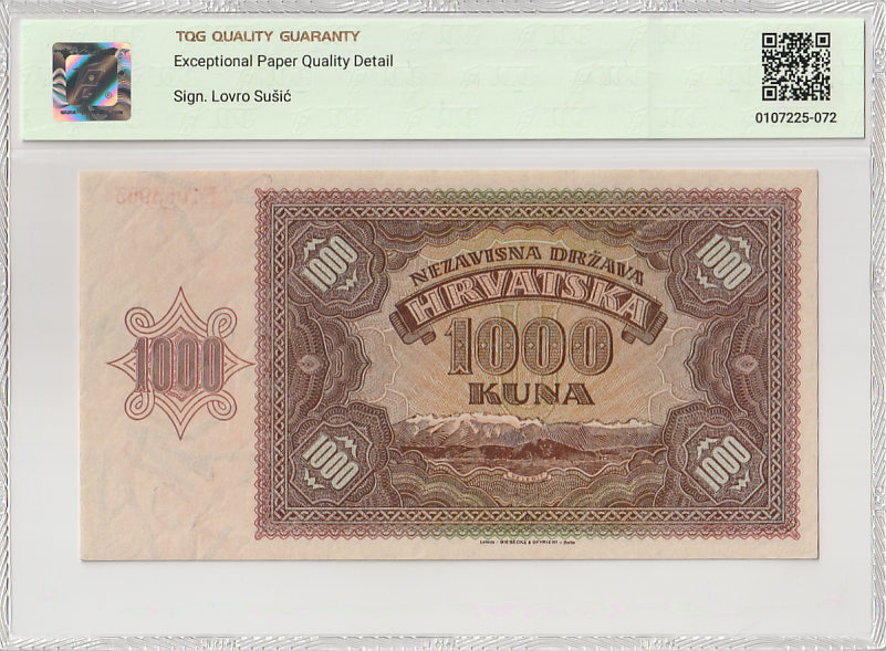 Croatia Independent 1000 Kuna 1941 P 4a TQG 65 EPQD UNC With Hard Case