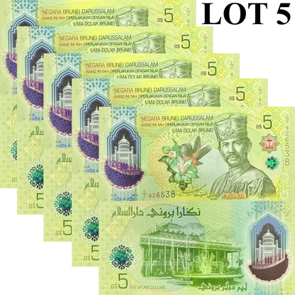 Brunei 5 Ringgit Dollar 2026 P New Design Polymer UNC 1/20 Budle Lot 5 pcs