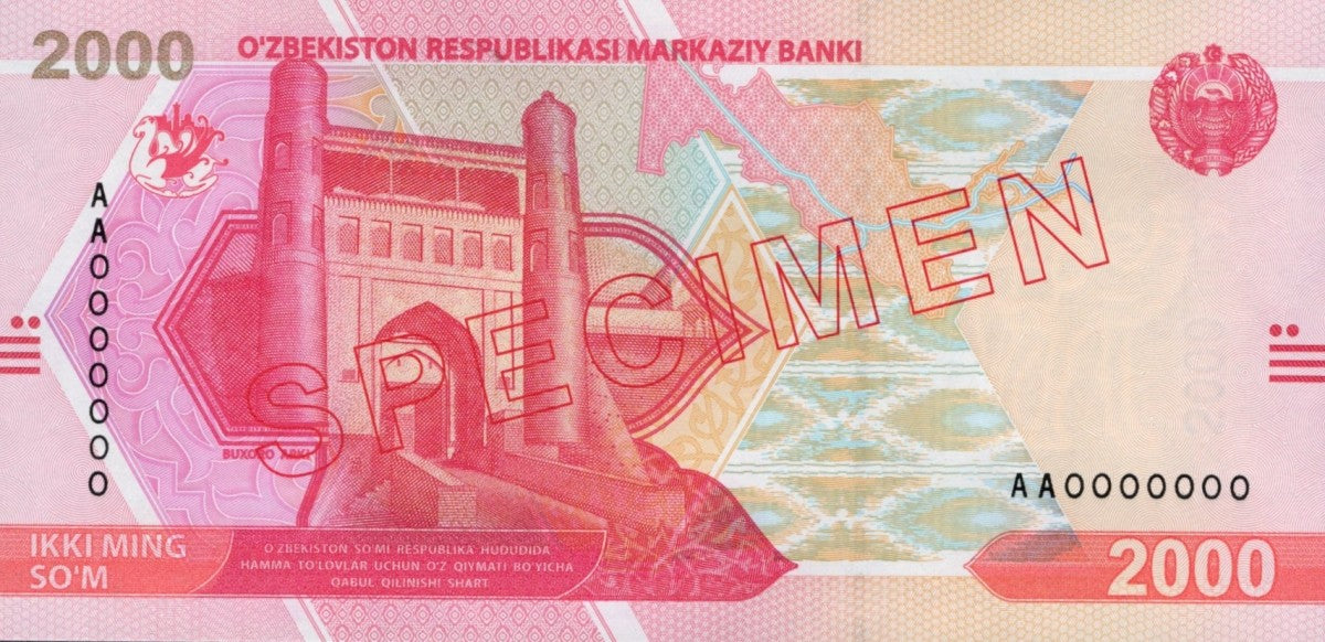 Uzbekistan 2000 So'm 2021 P 87 UNC Prefix AA SPECIMEN