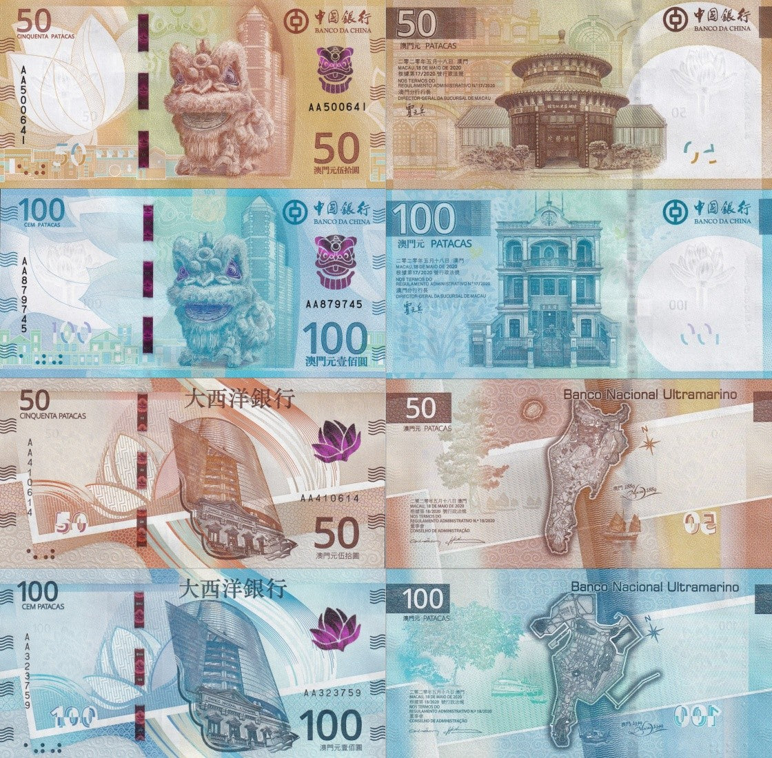 Macau Macao 50 100 Patacas 2025 P New Issue UNC BOC BNU AA Prefix Set 4 pcs