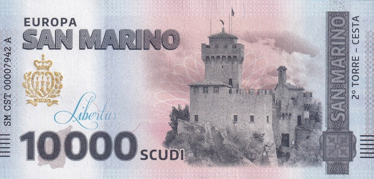 San Marino Republic 10000 Scudi 2 Torre Cesta UNC COMM. Test Note