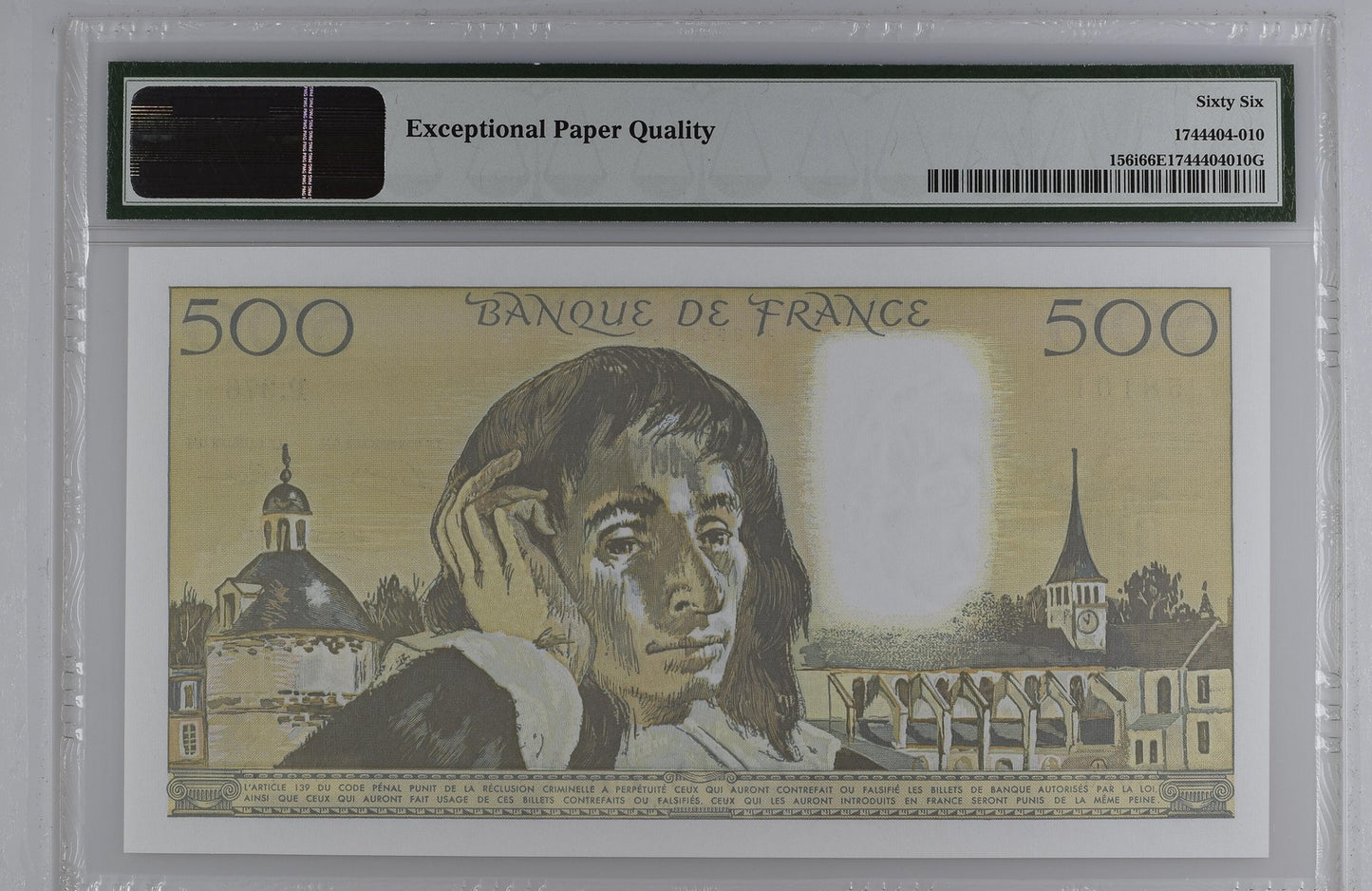 France Banque de France 500 Francs 1991 - 1993 P 156i UNC PMG 66 EPQ 2nd TOP POP