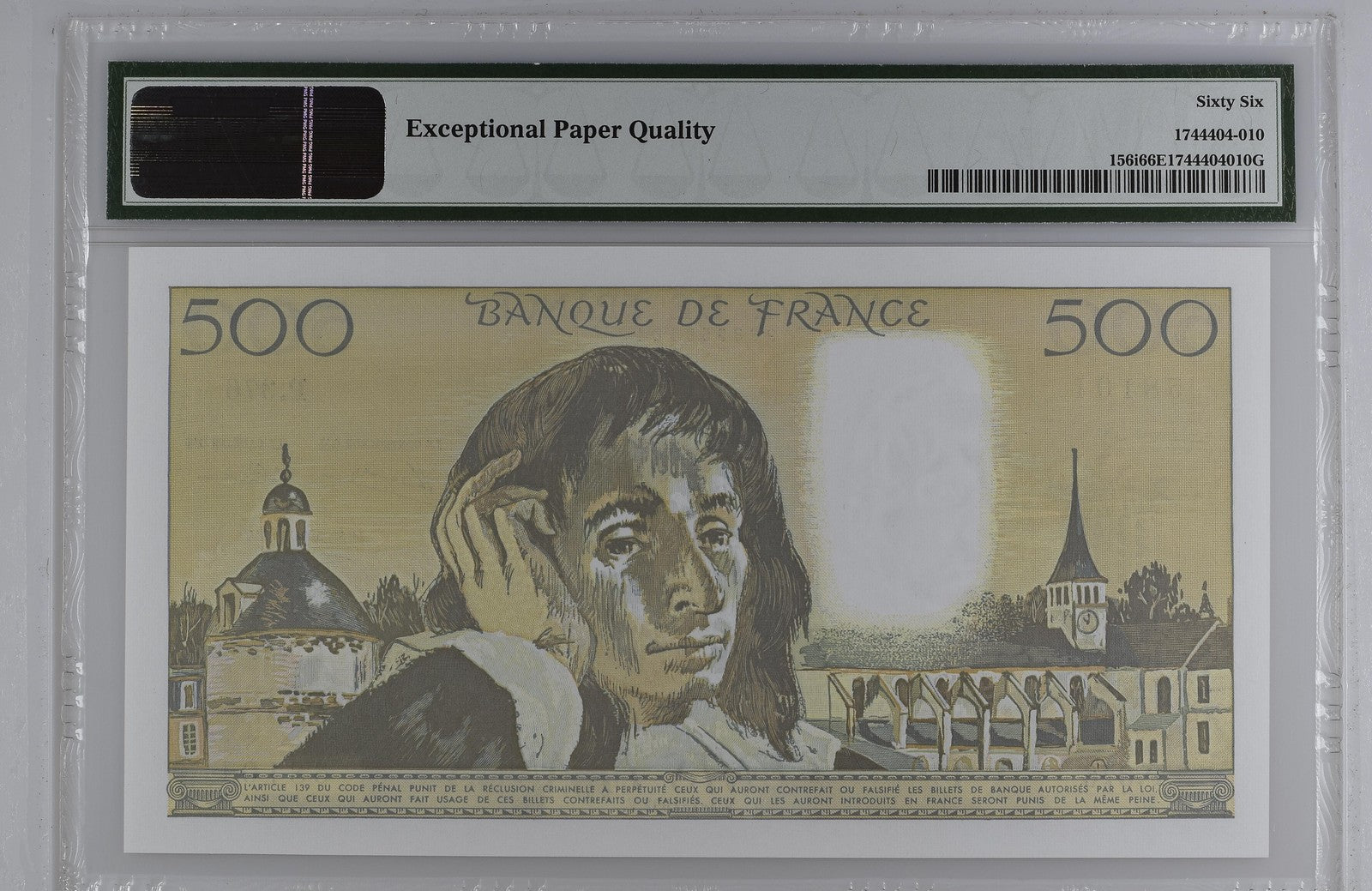 France Banque de France 500 Francs 1991 - 1993 P 156i UNC PMG 66 EPQ 2nd TOP POP