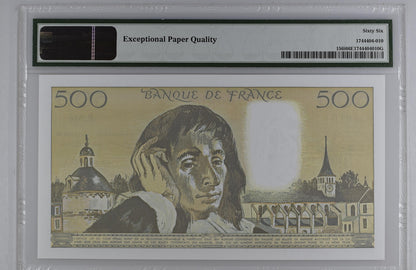 France Banque de France 500 Francs 1991 - 1993 P 156i UNC PMG 66 EPQ 2nd TOP POP