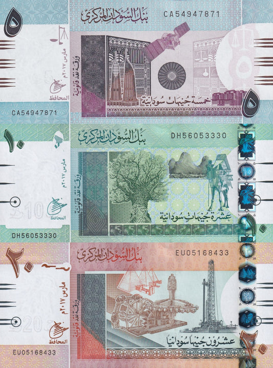 Sudan 5 10 20 Sudanese Pounds 2017 P 72d 73c 74d(2) UNC Set 3 pcs