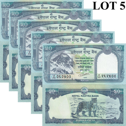 Nepal 50 Rupees 2019 P 79 Snow Leopard UNC 1/20 Bundle Lot 5 pcs