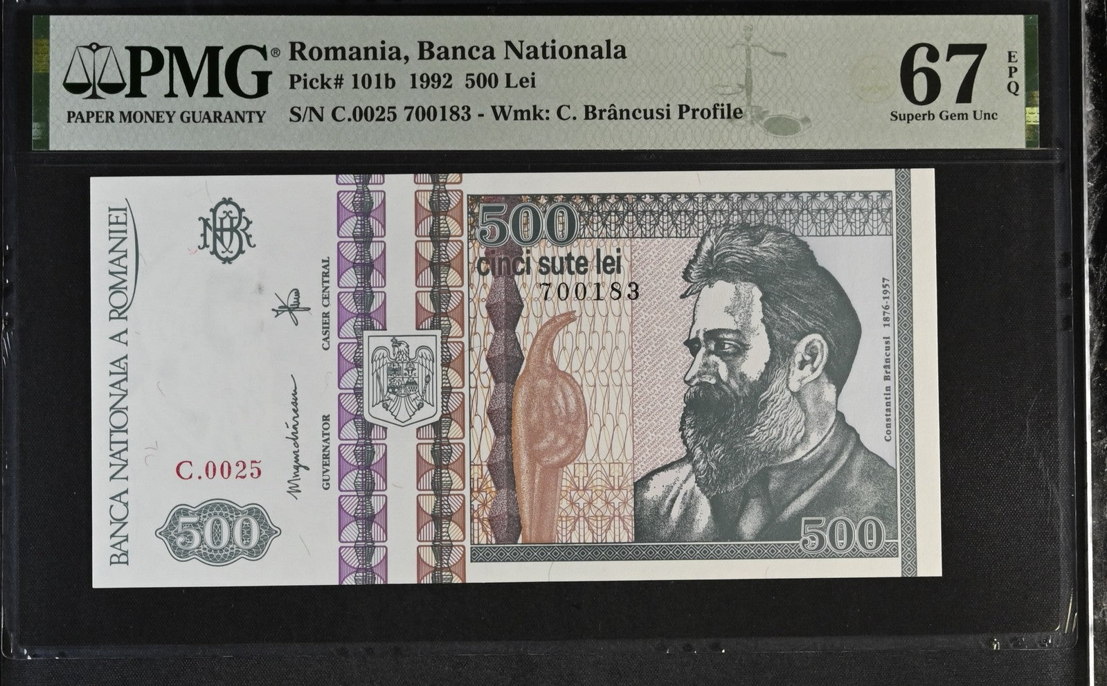 Romania Banca Nationala 500 Lei 1992 P 101b UNC PMG 67 EPQ 3rd TOP POP