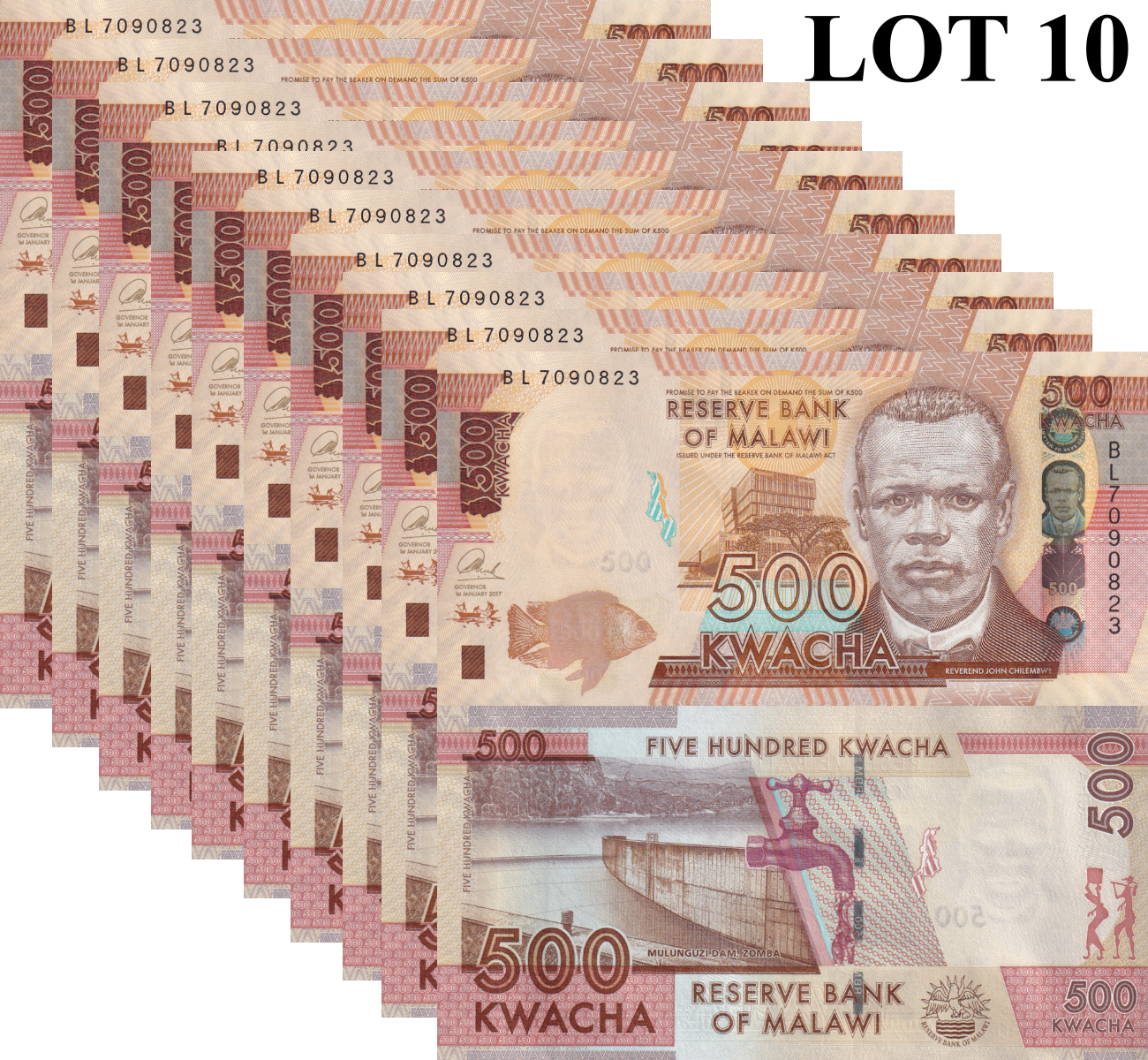 Malawi 500 Kwacha 2017 P 66 UNC 1/10 Bundle Lot 10 pcs
