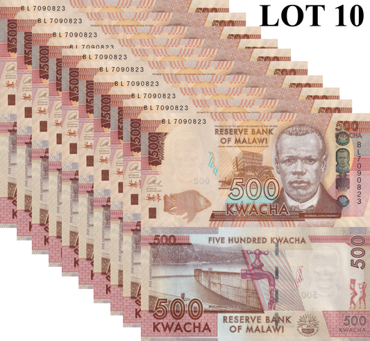 Malawi 500 Kwacha 2017 P 66 UNC 1/10 Bundle Lot 10 pcs