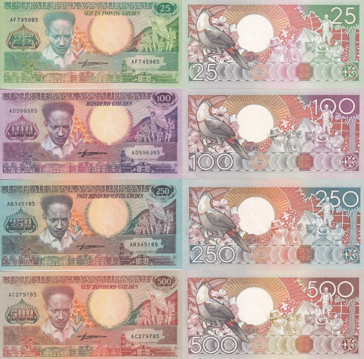 Suriname 25 100 250 500 Gulden 1986-1988 P 132 133 134 135b UNC Set 4 pcs