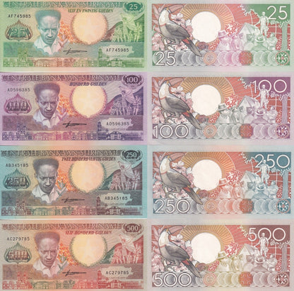 Suriname 25 100 250 500 Gulden 1986-1988 P 132 133 134 135b UNC Set 4 pcs
