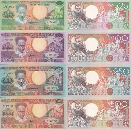 Suriname 25 100 250 500 Gulden 1986-1988 P 132 133 134 135b UNC Set 4 pcs