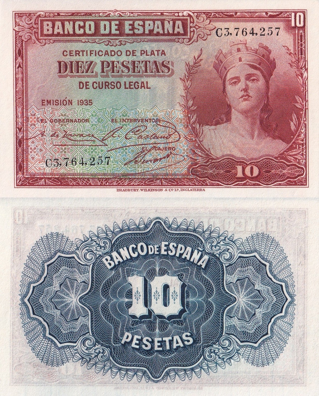 Spain 10 Pesetas 1935 P 86 UNC