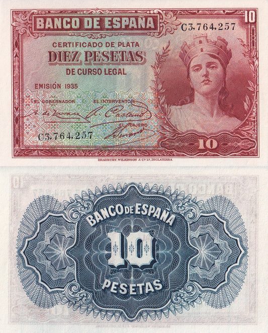 Spain 10 Pesetas 1935 P 86 UNC