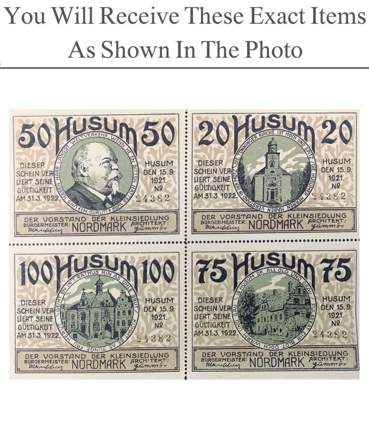 Germany Notgeld HUSUM 20 50 75 100 Pfennig 1921 UNCUT Full Set 4 pcs