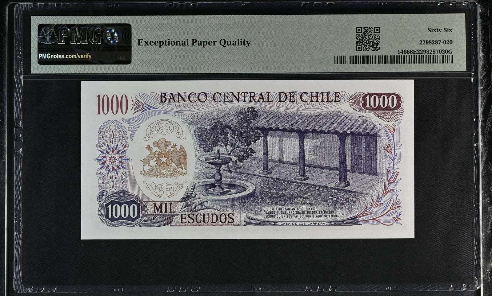 Chile Banco Central 1000 Escudos 1967-76 P 146 UNC PMG 66 EPQ 2nd TOP POP