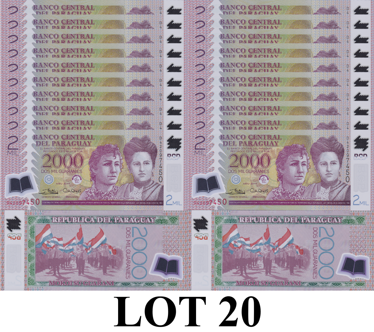 Paraguay 2000 Guaranies 2017 P 228 Polymer UNC 1/5 Bundle Lot 20 pcs