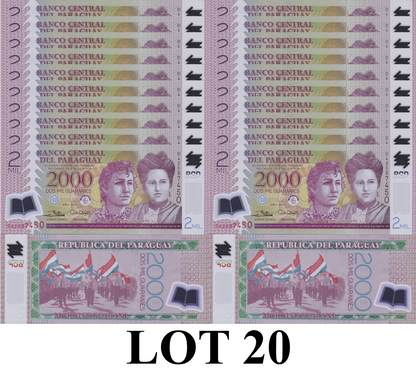 Paraguay 2000 Guaranies 2017 P 228 Polymer UNC 1/5 Bundle Lot 20 pcs