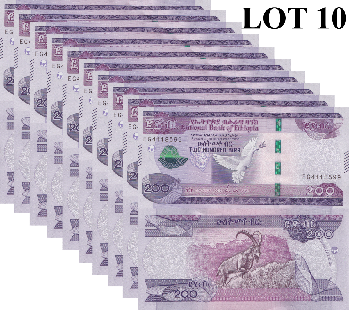 Ethiopia 200 Birr 2020 P 58 UNC 1/10 Bundle Lot 10 pcs